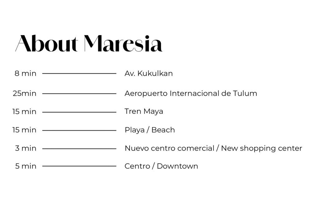 Diseño gráfico con palabras clave que representan los valores del desarrollo Maresía en Tulum, como privacidad, crecimiento y conexión.