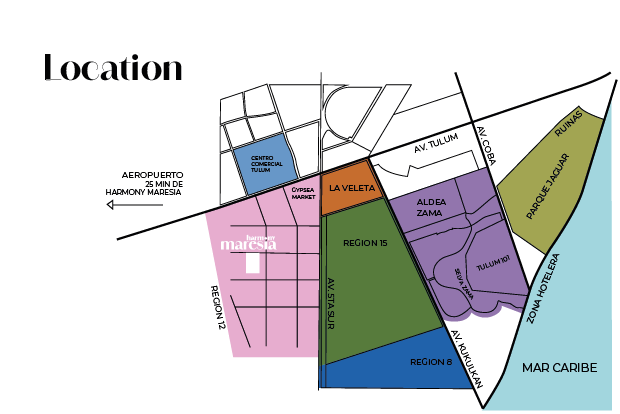 Mapa ilustrado que muestra la ubicación del desarrollo Harmony Maresía en la Región 12 de Tulum, cerca del centro, La Veleta y Aldea Zamá.